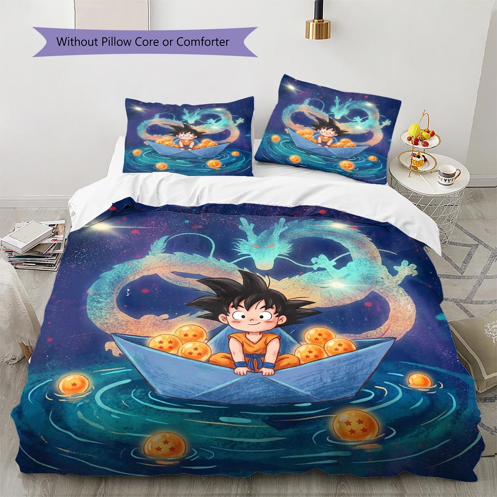 Dragon Ball Goku Pattern Bedding Quilt Set Quilt Cover Pillowcase Home Decoration Birthday Gift (1 * Duvet Cover + 2 * Pillowcase, Without Core)