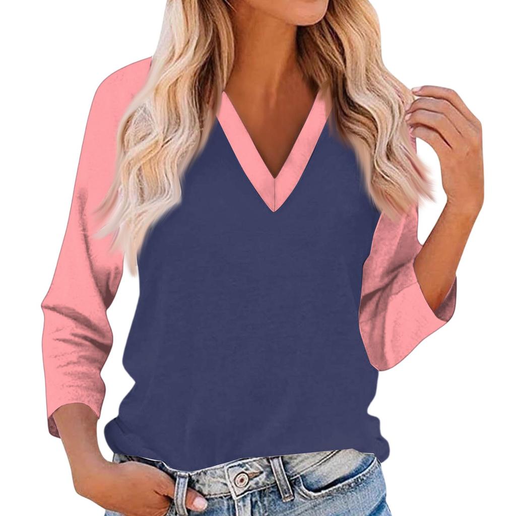 Women's Casual And Fashionable Patchwork V-Neck Top With Seven Quarter Sleeves Top