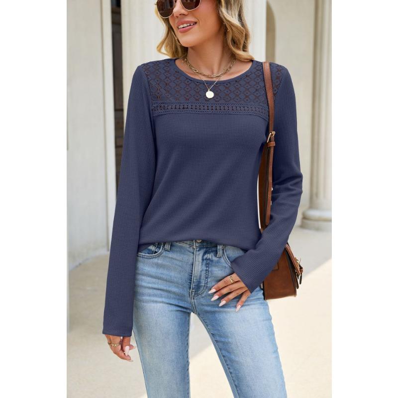 Women Solid Color Crew Neck Lace Patchwork Loose Long Sleeve Casual T Shirt