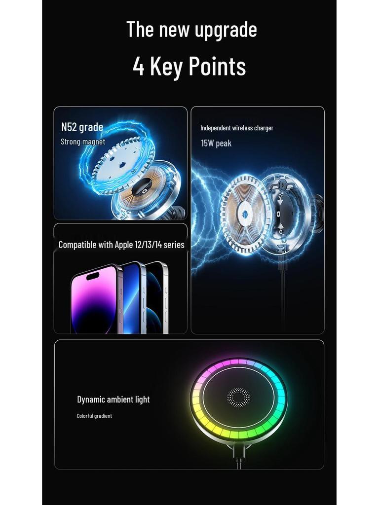 Magnetic Wireless Fast Charger & Ambient Light Phone Holder for Car