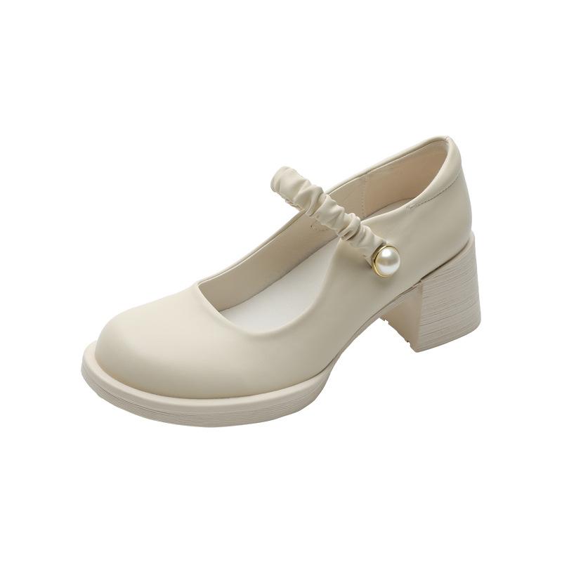 Spring and Autumn Fairy Gentle Wind One-word Buckle Belt Round Head High Heels Women's Platform Mary Jane Shoes Thick Heel Light Mouth Small Leather S