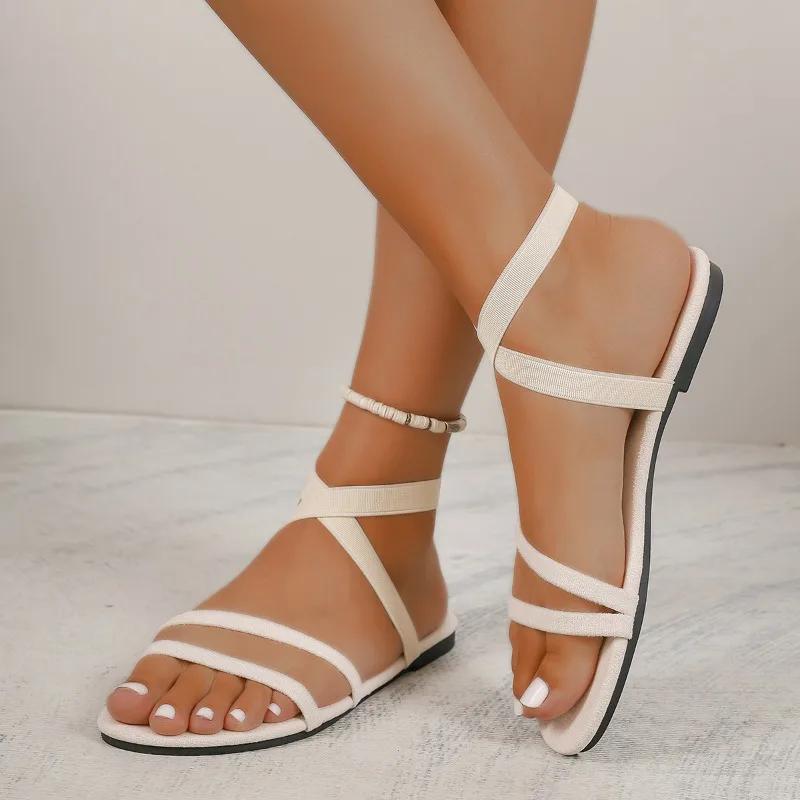 Fashion Shoes Female 2025 Open Toe Women's Sandals Outdoor Casual Sandals Women Plus Size Round Toe Elastic Band Flat with Shoes Women