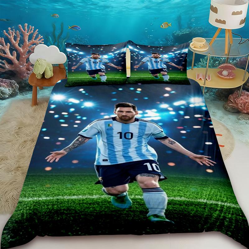 Bettbezug Lionel Messi Fußball Superstar Bettwäsche-Set Bedruckter Bettbezug Bettwäsche-Set Weiches King Full Size Bettwäsche-Set für Jungen