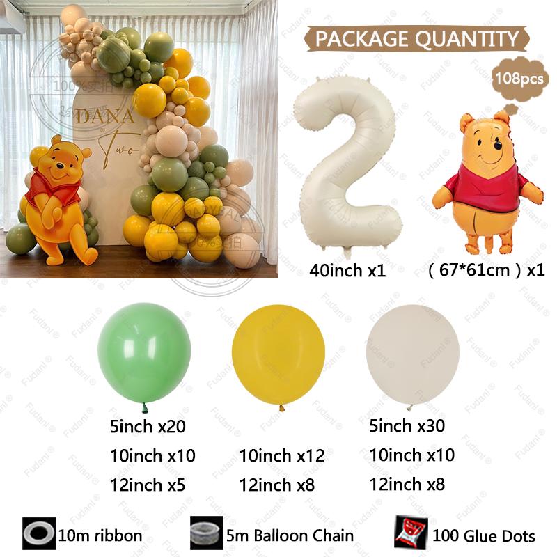 108pcs Winnie The Pooh Theme Birthday Party Balloon Set Pooh Aluminum Foil Balloon for Kids Baby Shower Decoration Supplies Gift