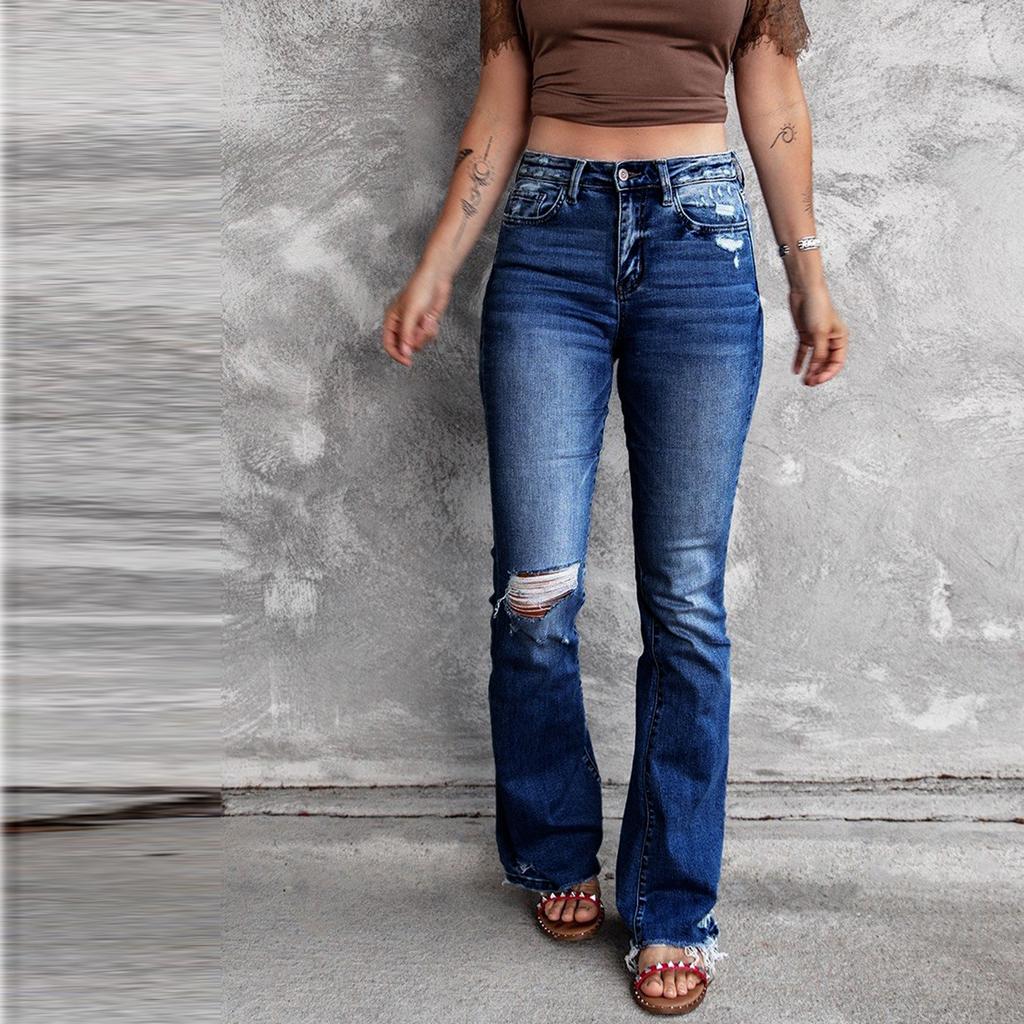 Women's New Fashion Hole High Waist Retro Elastic Slim Micro Flared Pants