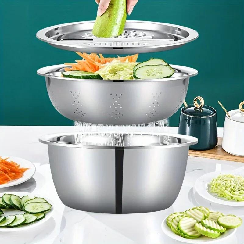 3 Piece Stainless Steel Mixing Bowl Set with Multifunctional Strainer for Fruit Veg Wash Slice