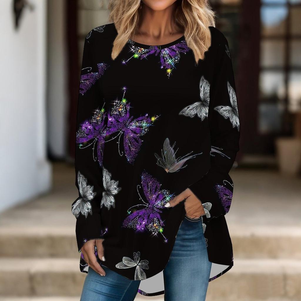 Women Long Sleeve Tunic Top Print Crew Neck Loose Fit Blouse With Pockets Casual Daily Wear Ladies Tops