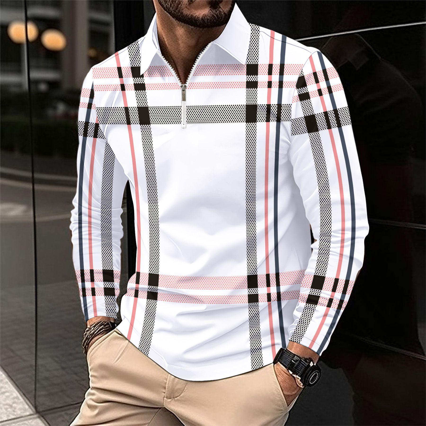 

Модная мужская футболка-поло с длинным рукавом и карманом на молнии Мужская полосатая толстовка S белый