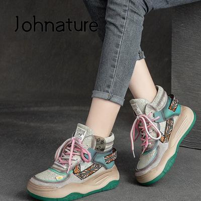 Genuine Leather Lace-up Shoes Women Sneakers Mixed Colors Retro Leisure Comfortable Platform Sneakers