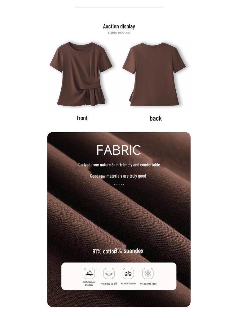 2025 Women's Fashion Short Sleeve Cotton Top – Irregular Pleated Slimming Crew Neck