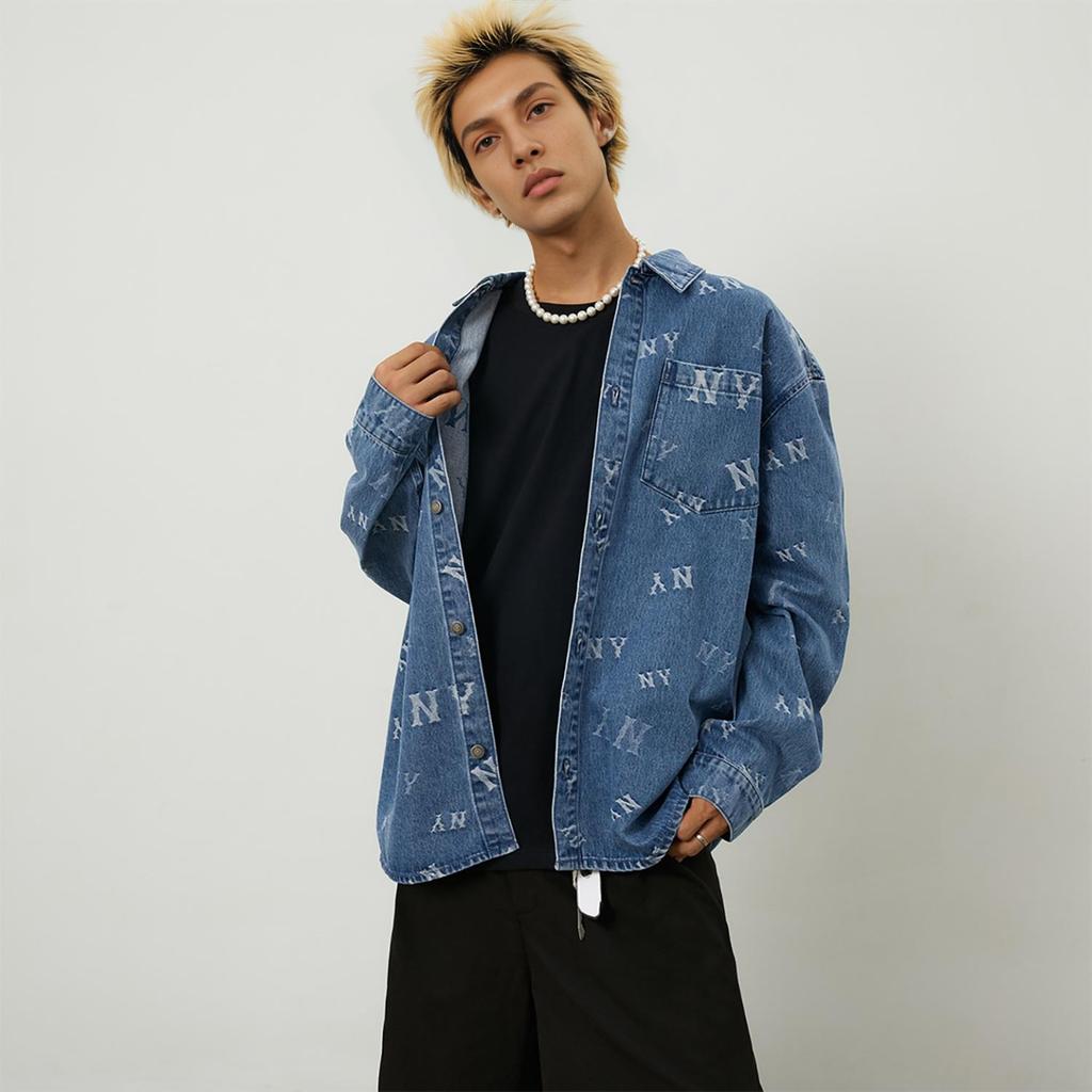 MLB Monogram Vintage American Casual All-Over Print Logo Denim Shirt Unisex Shirts Indigo 3ADRM0244-50INS