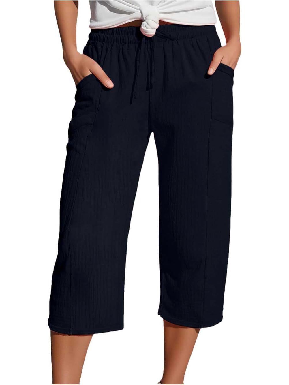

Women s Solid Color Cotton Linen Wide-Leg Drawstring Pants, Casual Seven-Point Length for Spring and Autumn L