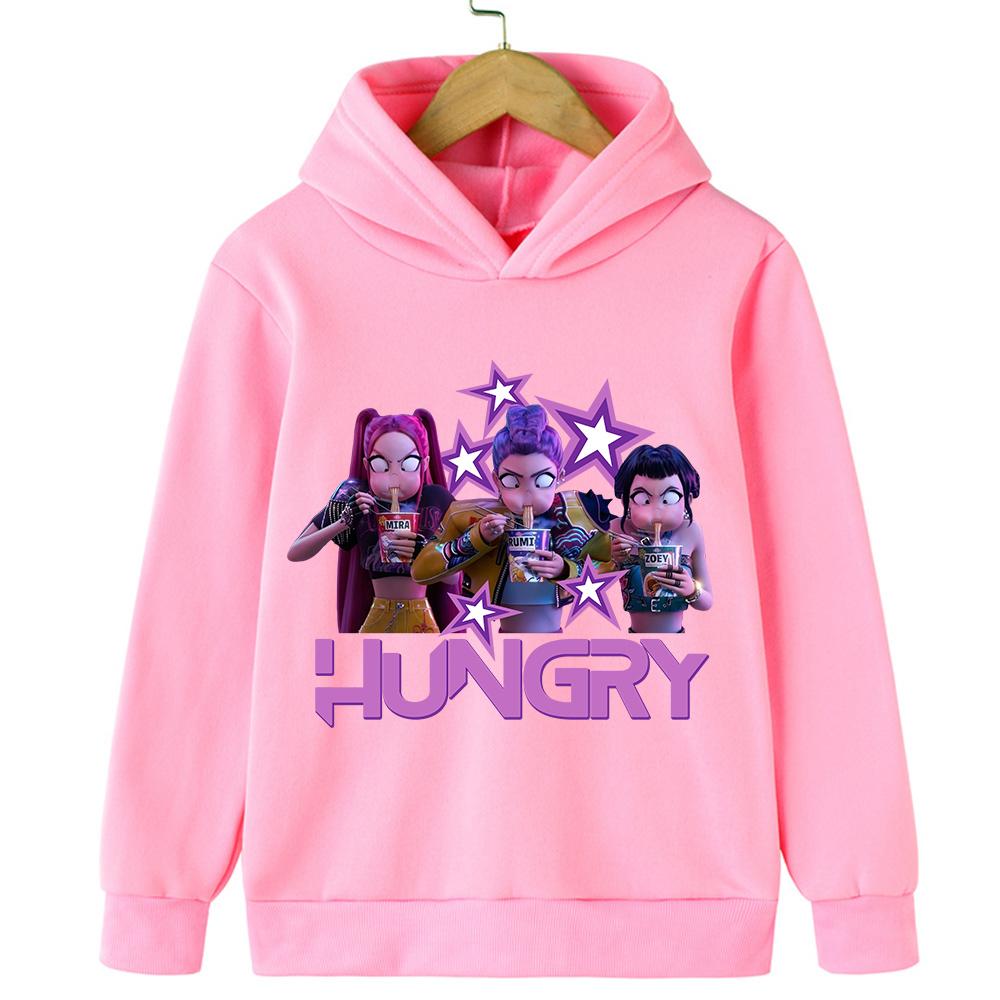 KPop Demon Hunter Cartoon Girls boy Hooded Sweatshirt Warm Children's Korean Wave Fashion Casual Tops Casual Black Pink Clothing