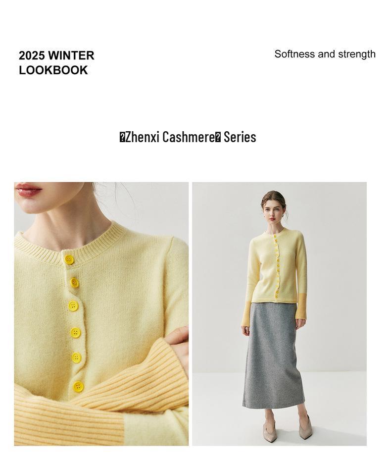 Artistic Color-Block Cashmere Cardigan: 2025 Autumn/Winter Women's Versatile Round Neck Knitwear
