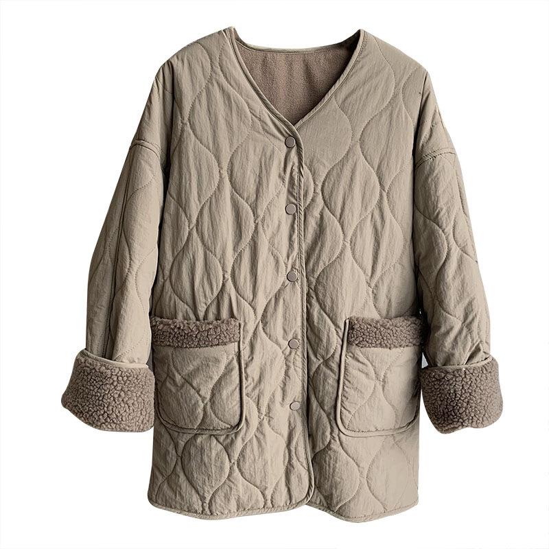 Осень-зима женское однотонное пальто в клетку с v-образным вырезом и длинным рукавом — фото 7