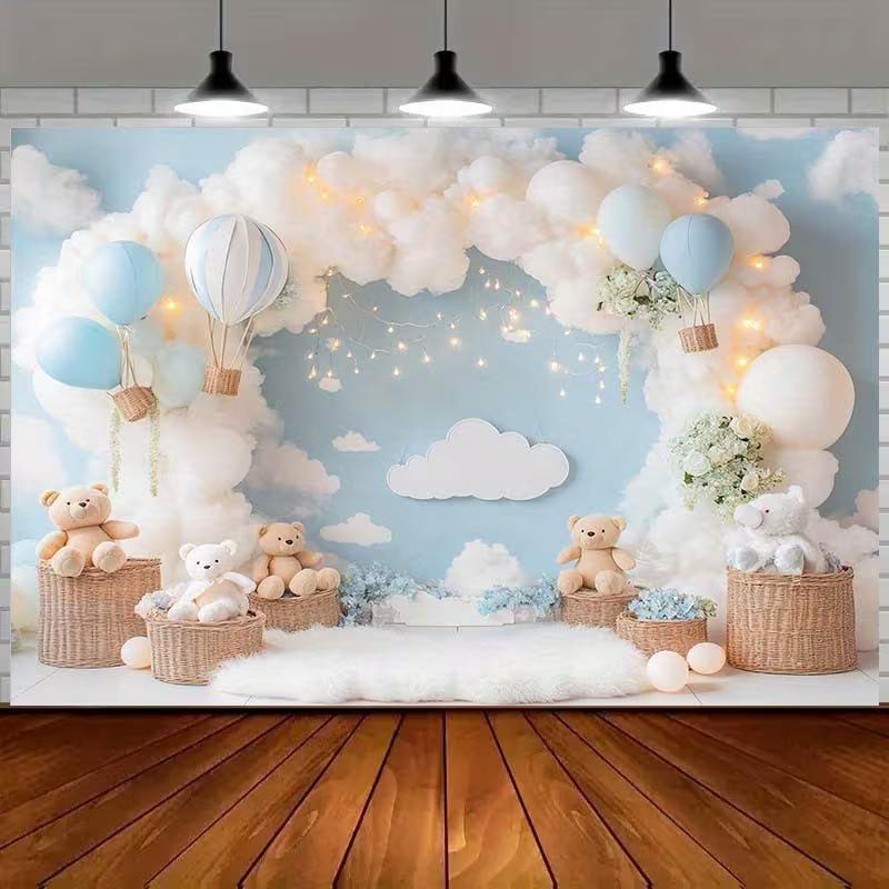 2D Bear Hot Air Balloon Photography Backdrop for Baby Shower
