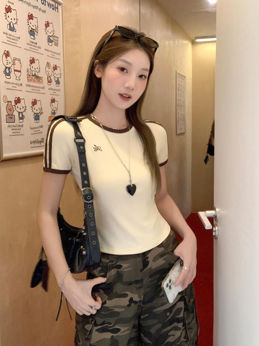 American contrasting striped round neck short-sleeved T-shirt women s summer small slim and thin embroidered textured short top S