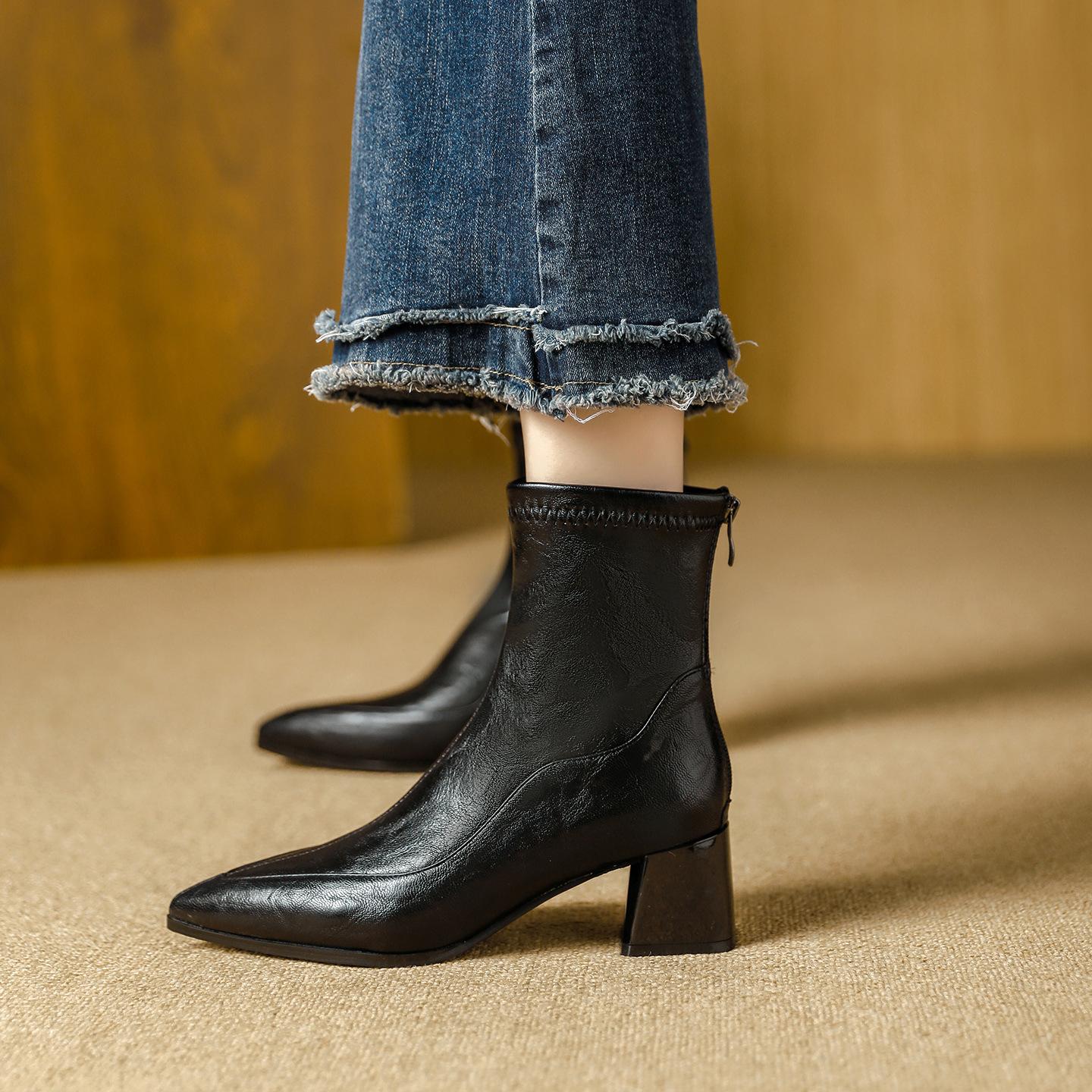 High Heel Short Boots Coarse Heel Pointed Skinny Boots Brown Fleece Winter Boots Medium Boots 34