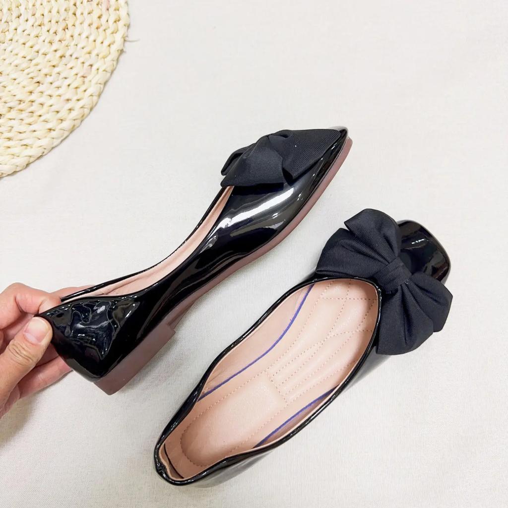 Square Toe With Bow Shoes for Women Slip-on Bride High Quality Fashion Sale Spring Genuine Mark Casual 2025 Trend 39 Woman Flats