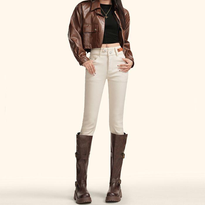 2026 Women s High Waist Stretchy White Slim Fit Velvet-Lined Skinny Jeans 25