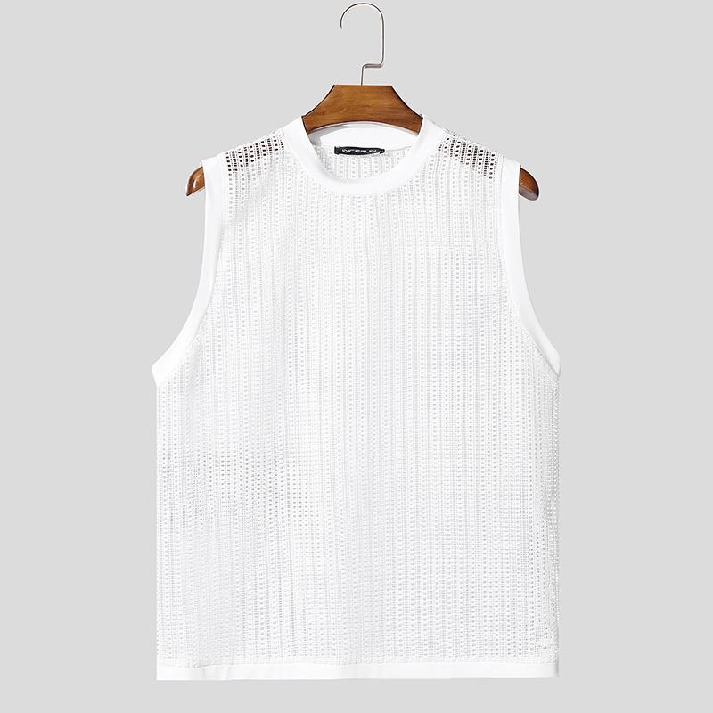 

INCERUN Men Summer Sleeveless See Through Hollow Webbing Casual Beach Tank Tops 3XL