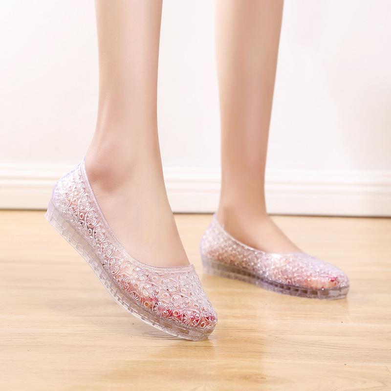 Women s Korean Style Breathable Round Toe PVC Crystal Flat Sandals 39 (One size smaller) серебряный
