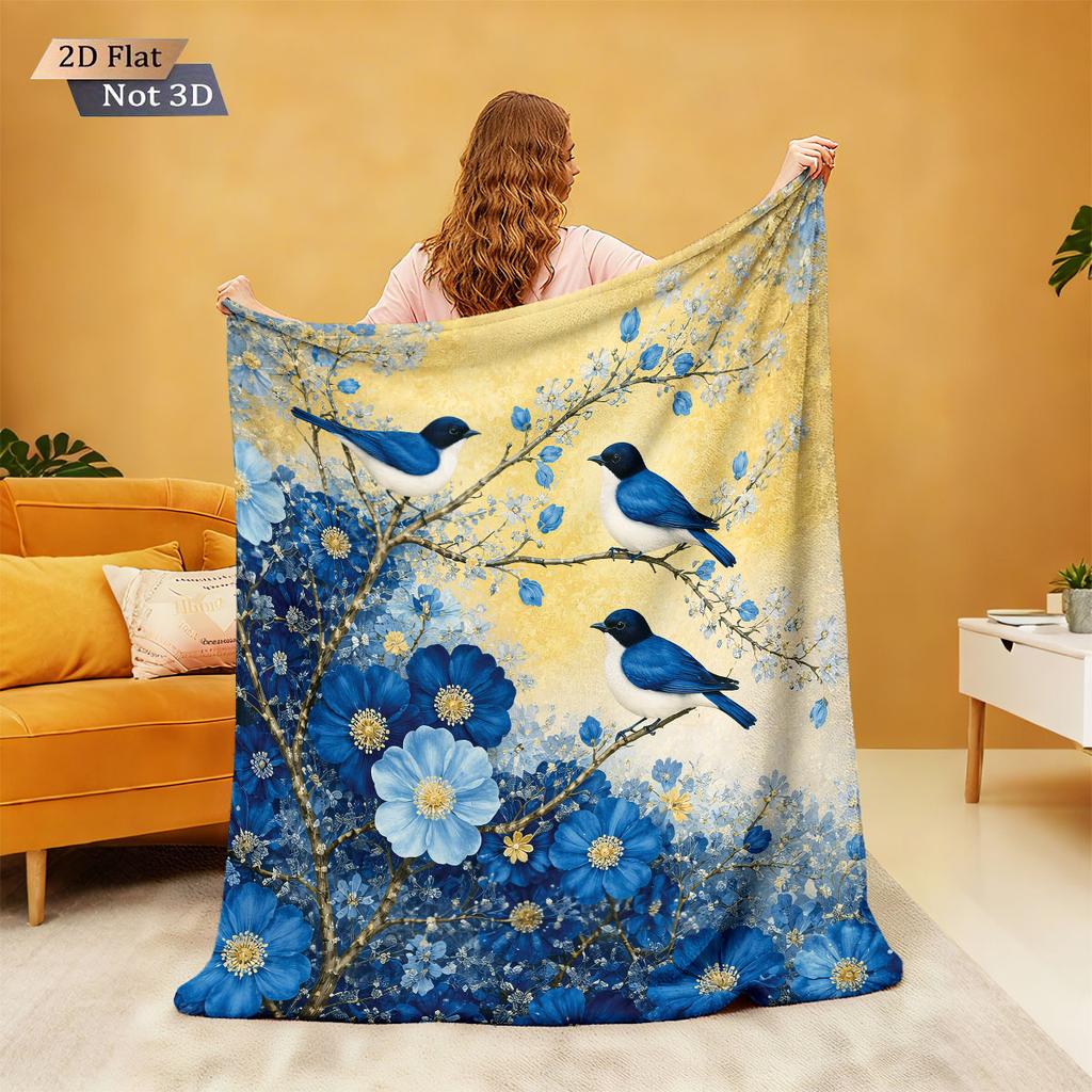 1Pc Chinese Style Flower Bird Print Flannel Blanket Multi Size Living Room Sofa Nap And Leisure Blanket Soft Machine Washable