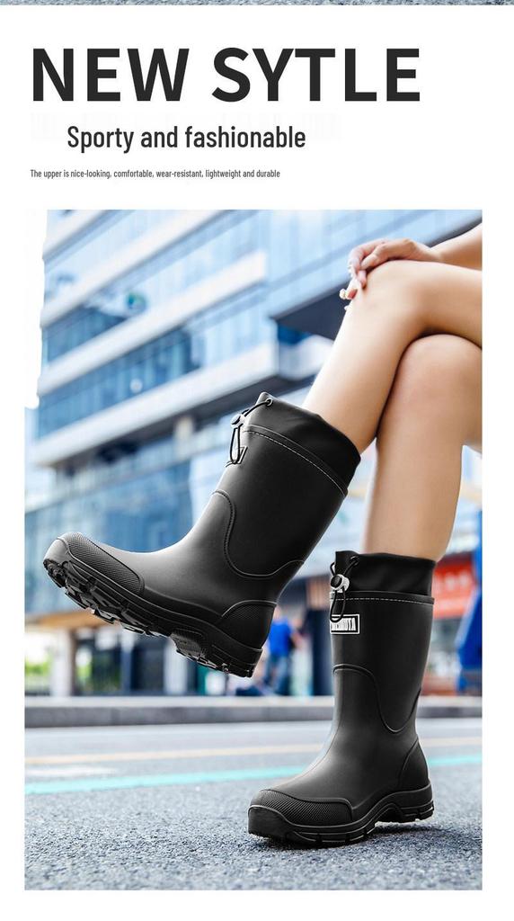 Men's Wear-Resistant Rubber Rain Boots: Mid-Calf, Anti-Slip, Waterproof Slip-On Shoes for Fishing & Construction.