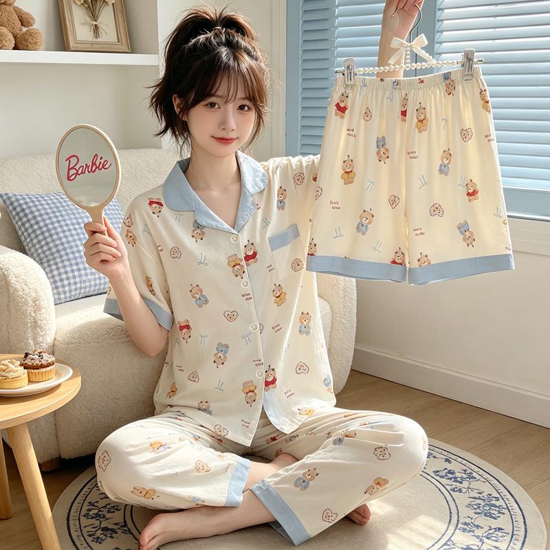 Leopard Print Love Heart Short Sleeve Pajama Set: Women's Summer Cloud Cotton Three-Piece Loungewear