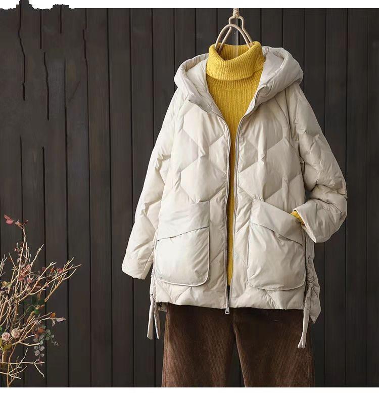 Vinter Dam Vit Ankdunkappa Casual Lös Lätt Dun Ytterkläder Huva Dragkedja Puffig Parkasjacka