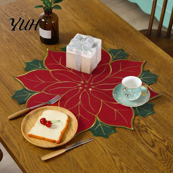 Christmas Table Placemats for Dining Floral Leaf Placemat Table, Decorative Polyester Fabric Round Mats Home with Festive Leaves Design Party