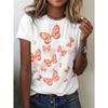 Women's Casual Short-sleeved T-shirt Polyester Knitted Fabric Orange Butterfly Pattern Micro-elastic Round Neck Summer Top Glossy 150G Polyester Fiber
