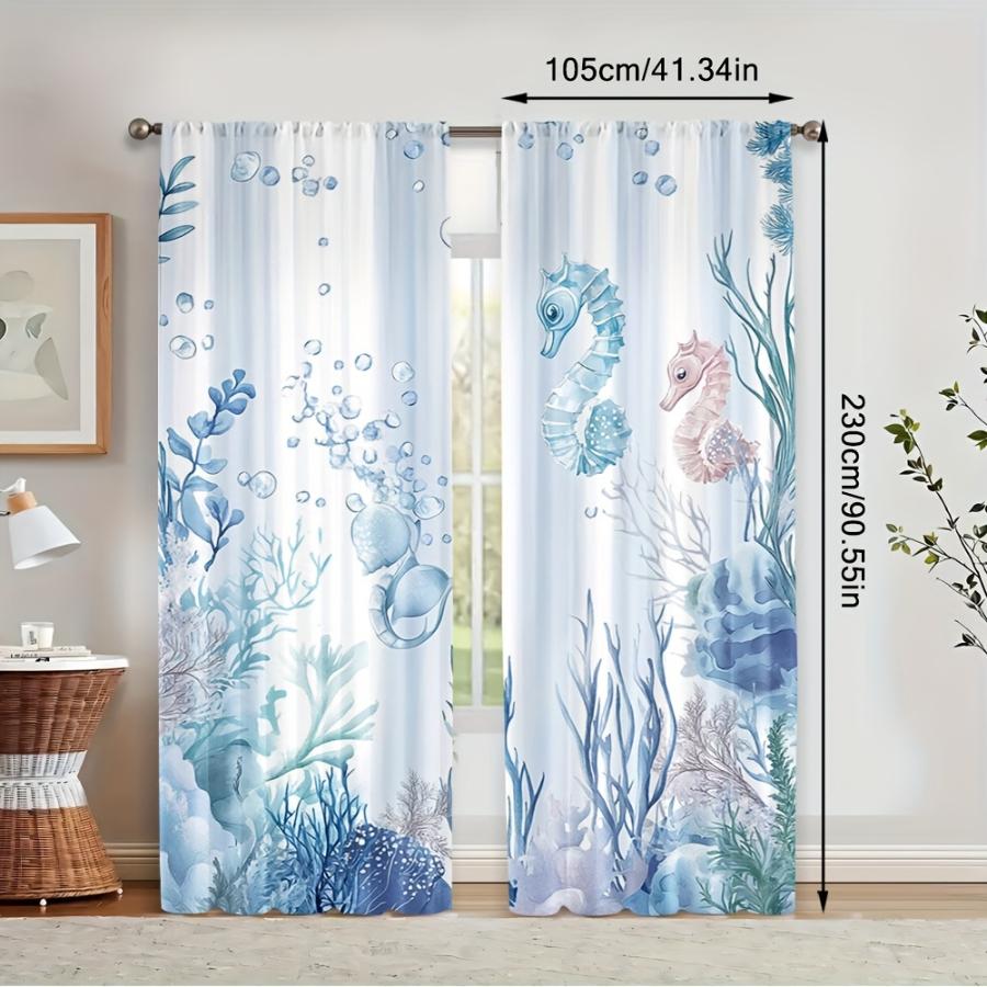 2PCS Digital Printed Curtains with Coral Seahorse Design, Stylish Window Drapes for Living Room Bedroom Home Decoration