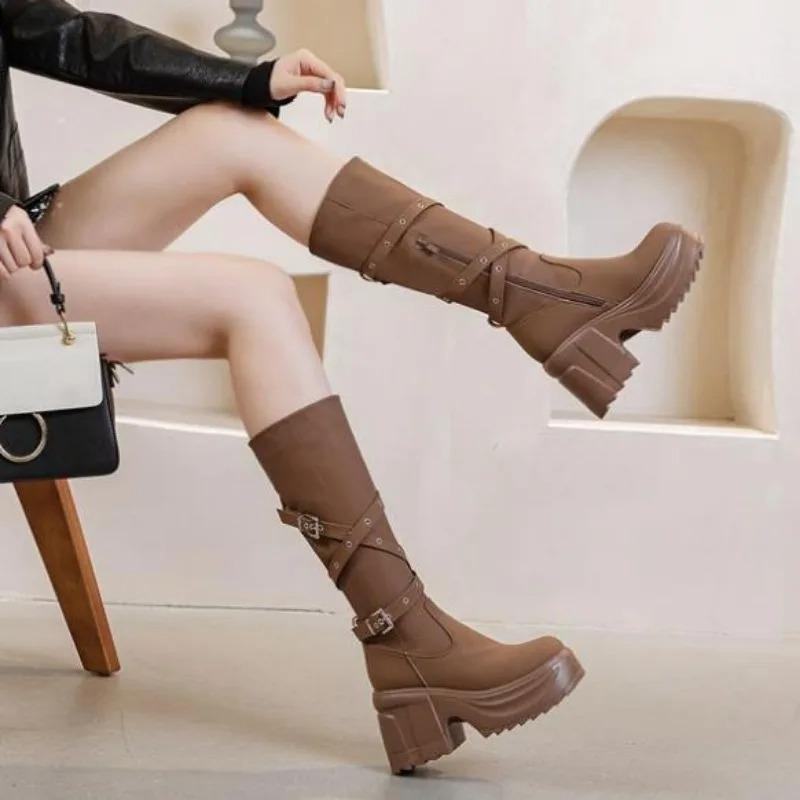 Mode Damen Kniehohe Stiefel Mikrofaserleder Sexy Hohe Absätze Lange Stiefel Damen Reißverschluss Gürtelschnalle Damenschuhe Mode Tide