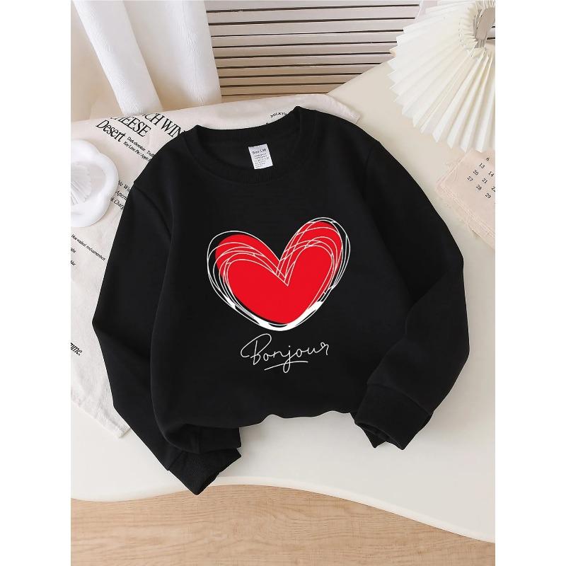 European sizes Kids' Crewneck Sweatshirt - Red Heart with White Lines And Cursive , Sportswear And Casual Wear, Soft And Comfortable
