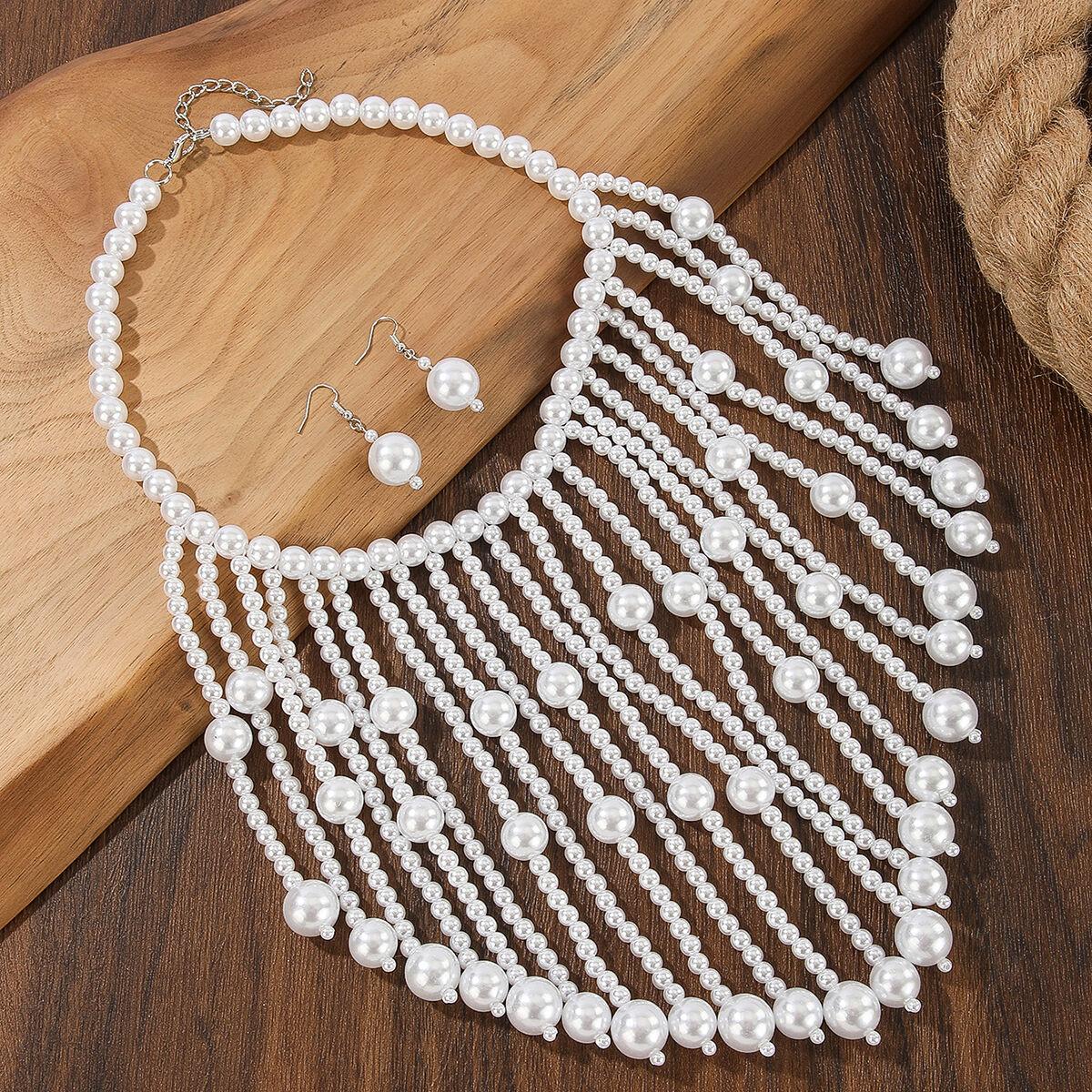 

Bridal Wedding Jewelry Set Handmade Imitation Pearl Tassel Necklace Earrings Women s Party Accessories белый