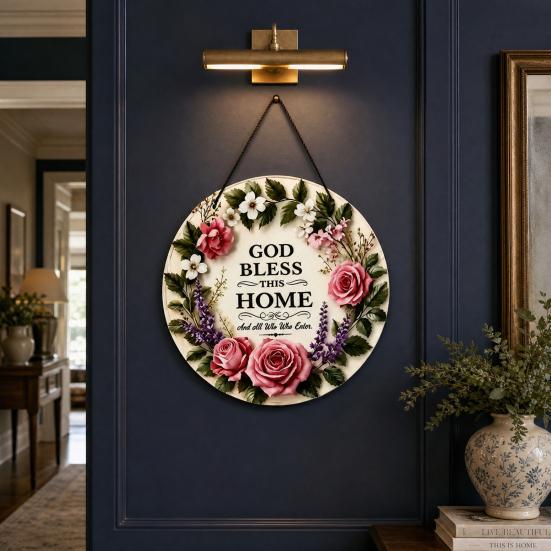 Gott Segne Dieses Haus Holzschild für Tür, Runde Florale Wanddekoration, Christliches Glaubens-Segensschild, Warme Willkommens-Veranda-Hängedekoration, Bedeutungsvolle Einweihungsfeier