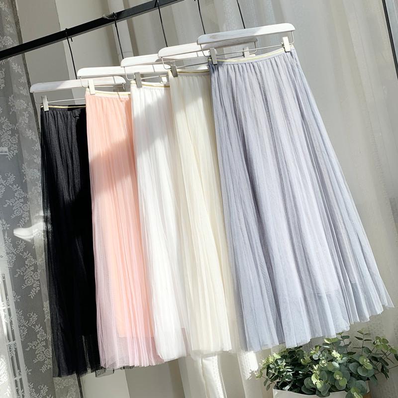 Women's High Waist Black Mesh A-line Midi Tulle Skirt