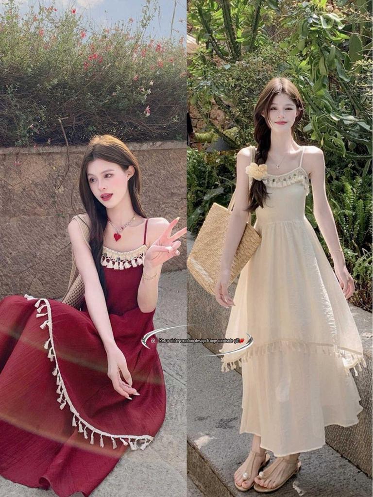 Bohemian Red Strappy Patchwork Fringe Dress - Ethnic Style Summer 2026