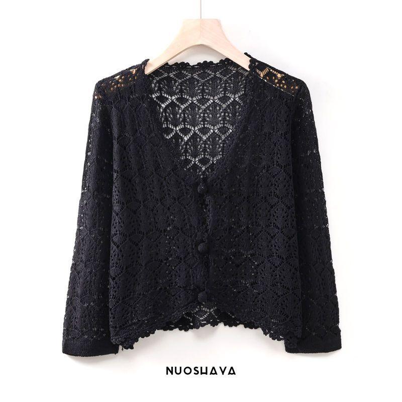 Summer Women's Cut-out Knit Sweater Thin Short Three-quarter Sleeve Sunscreen Cardigan