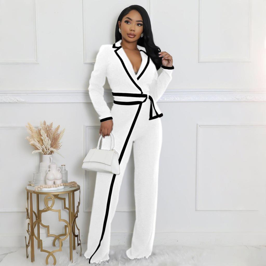 Europäischer & Amerikanischer Mode-Jumpsuit mit Gürtel, Patchwork, Langarm, Herbst/Winter-Stil