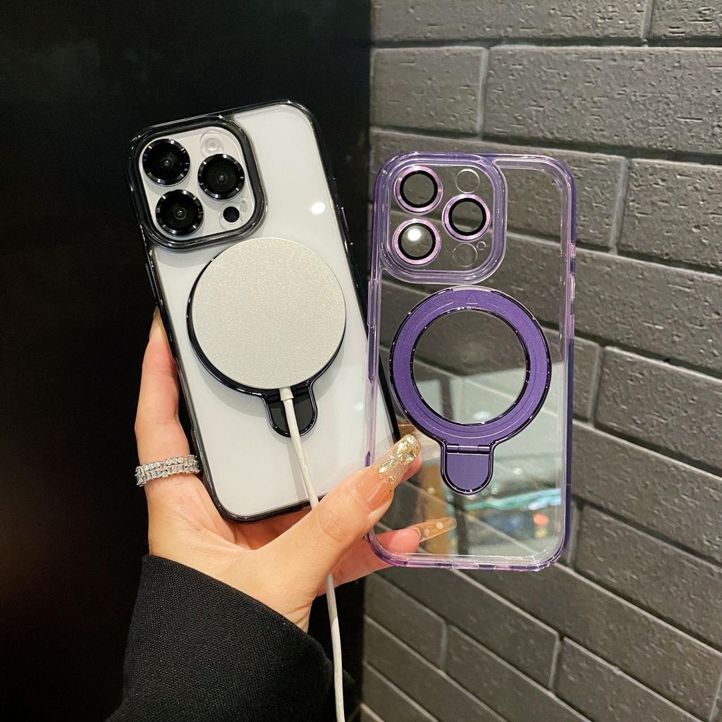 Ice Crystal Suitable for Iphone16promax Transparent Magnetic Bracket Mobile Phone Case Apple 15 Lens Film Full Inclusive Anti Fall