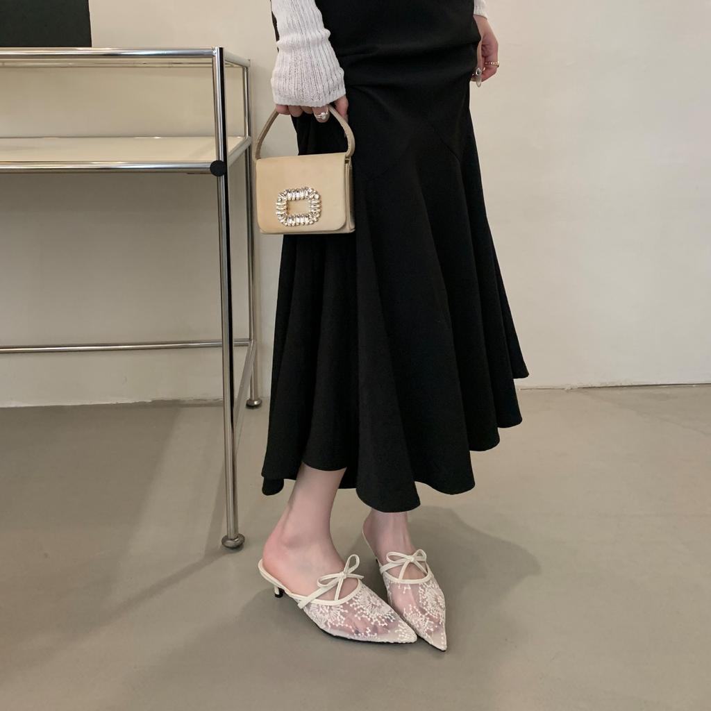 Hongkong Spitze spitze Zehenpartie dünner Absatz Schleife High Heels Damen Frühling und Sommer neue Mode Taschenkopf Halbschuhe