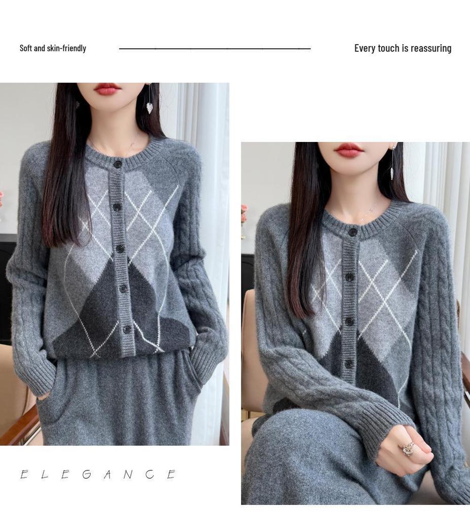 Women's Diamond Patchwork Pure Wool Knit Cardigan Sweater, Round Neck, Long Sleeve - 2026 Autumn/Winter.