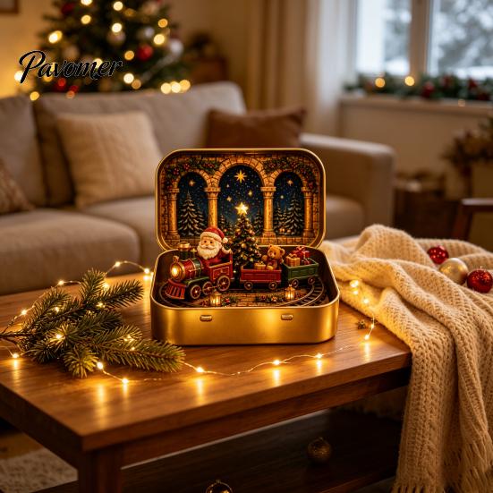 Christmas Mantel Decor Tiny Wonderland in a Tin, Mini Holiday Diorama Decor, Miniature Winter Decorative Metal Tin Scene with Santa, Tree, Gifts