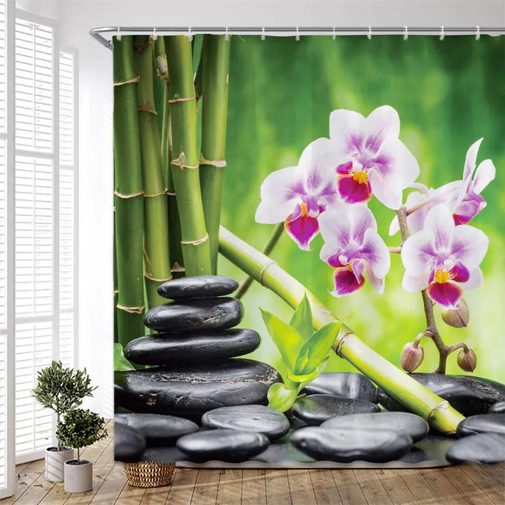 Garden Flower Shower Curtain Plant Floral Birds Leaves Zen Stone Bamboo Forest Painting Bath Accessories Bathroom Decor Curtains