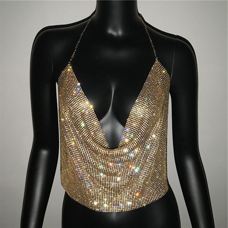 Metallic Jewelry Top With Rhinestone Embellishments For Streetwear Style Women
