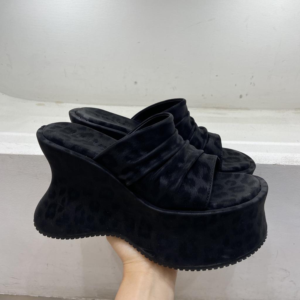 Women's Folded Leopard Print Platform Slides Thick Bottom Sandals Slip-On Summer Flats Silk Upper Cross-Border Shoes