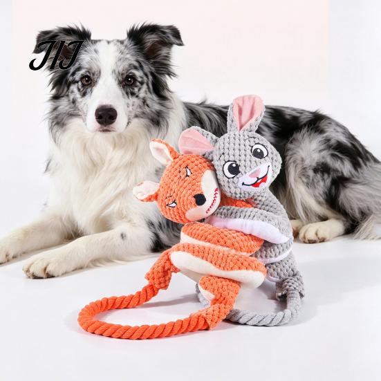 Wear Resistant Plush Dog Toys Tug Rope Toy, Cute Fox Rabbit Squeaky Chew Toy with Crinkle Paper, Aggressive Chewers Interactive Pull for Medium Large