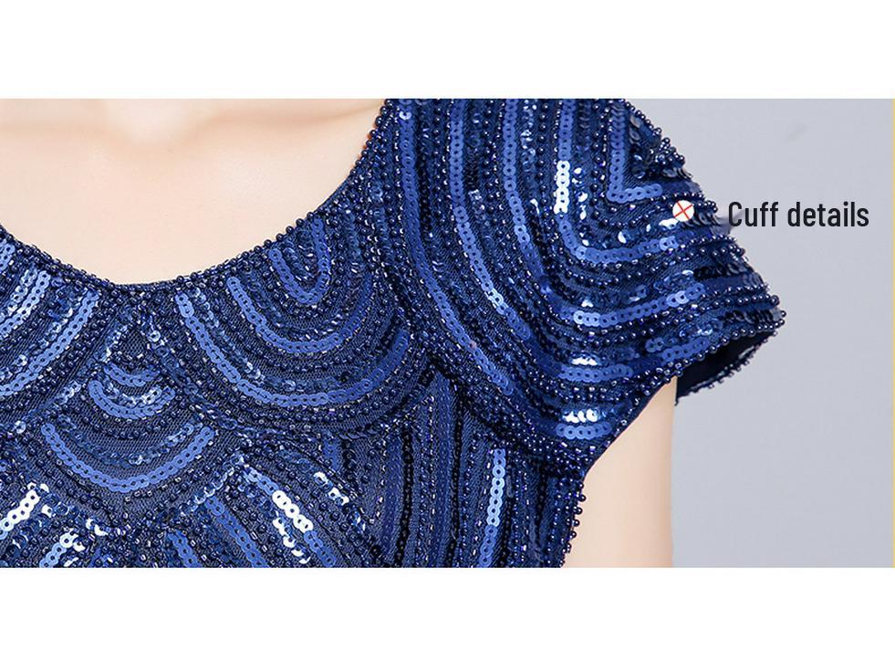 Plus Size Sequin Beaded Tassel Evening Dress - Slimming Hip-Hugging Design with Round Neck 
